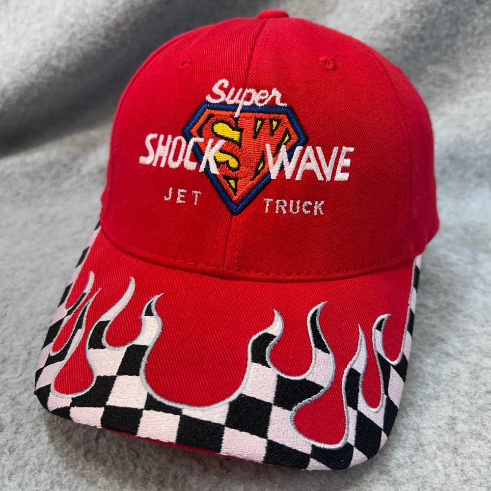 Super Shockwave Jet Truck Mens Red Magic Headwear Hat Flame Checkered Brim OSFM